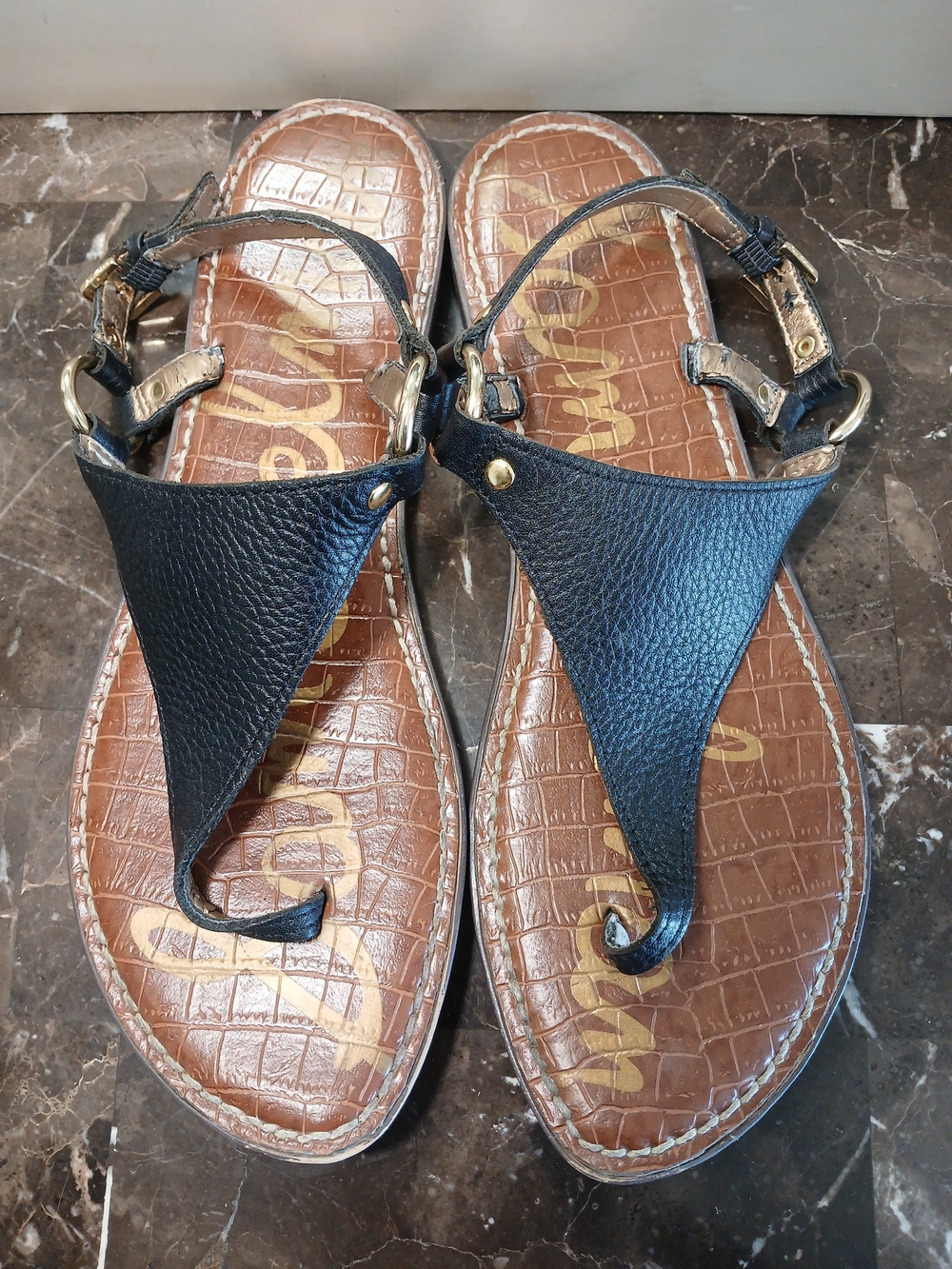 Sam Edelman Black Leather Thong Sandals with Brown Footbed